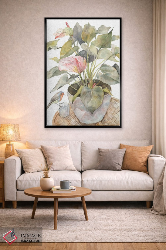 تابلو مدرن Flamingo Lily Plant In A Pot,آنتوریوم و پرنده، گیاه فلامی… اثر ویولتا بویادزشیوا - D2B