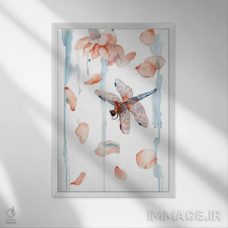 تابلو دکوراتیو Watercolor,تابلوی سنجاقک و گلبرگ صدتومانی، آبرنگ اثر ویولتا بویادزشیوا - نمای قابدار سفید