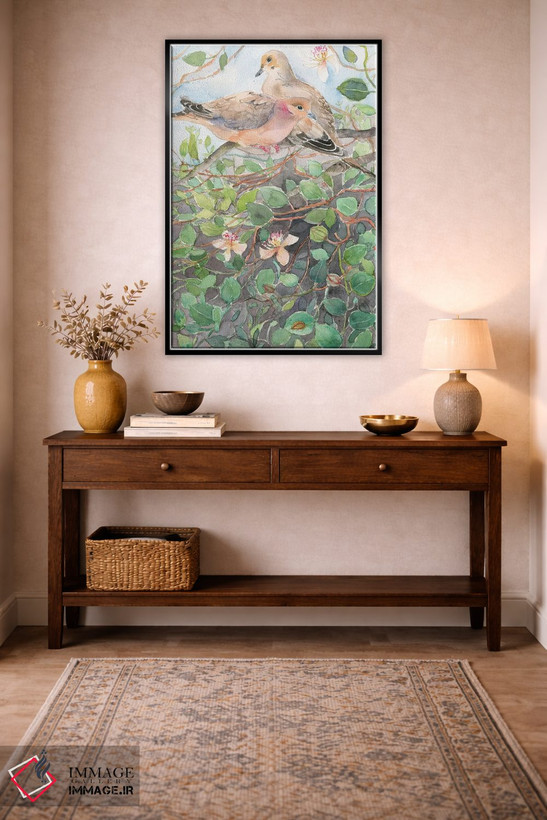 تابلو دکوراتیو Spring Bloom,کبوتران روی شاخه گل، شکوفه های بهاری اثر ویولتا بویادزشیوا - D4B