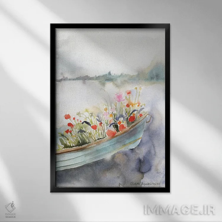 تابلو دکوراتیو قایق پر از گل بر روی رودخانه اثر ویولتا بویادزشیوا - نمای قابدار مشکی