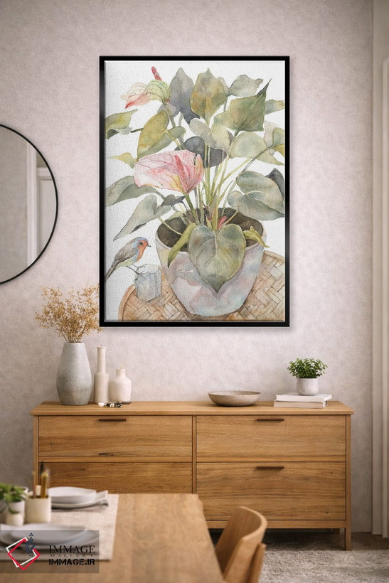 تابلو مدرن Flamingo Lily Plant In A Pot,آنتوریوم و پرنده، گیاه فلامی… اثر ویولتا بویادزشیوا - D3B