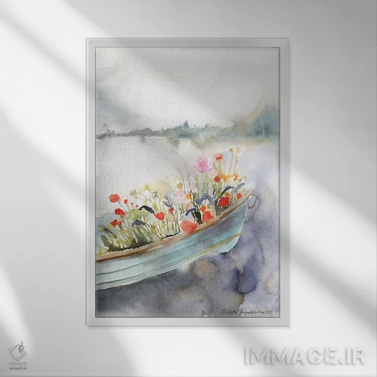 تابلو دکوراتیو قایق پر از گل بر روی رودخانه اثر ویولتا بویادزشیوا - نمای قابدار سفید