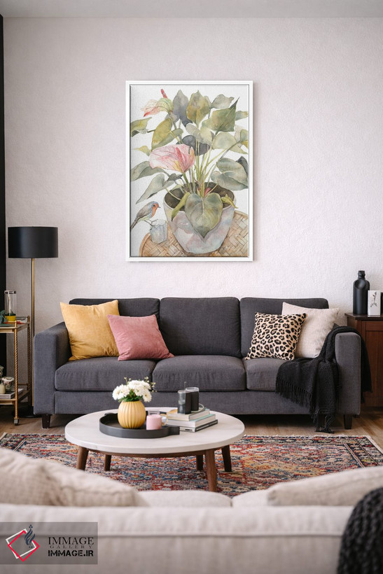 تابلو مدرن Flamingo Lily Plant In A Pot,آنتوریوم و پرنده، گیاه فلامی… اثر ویولتا بویادزشیوا - D4W