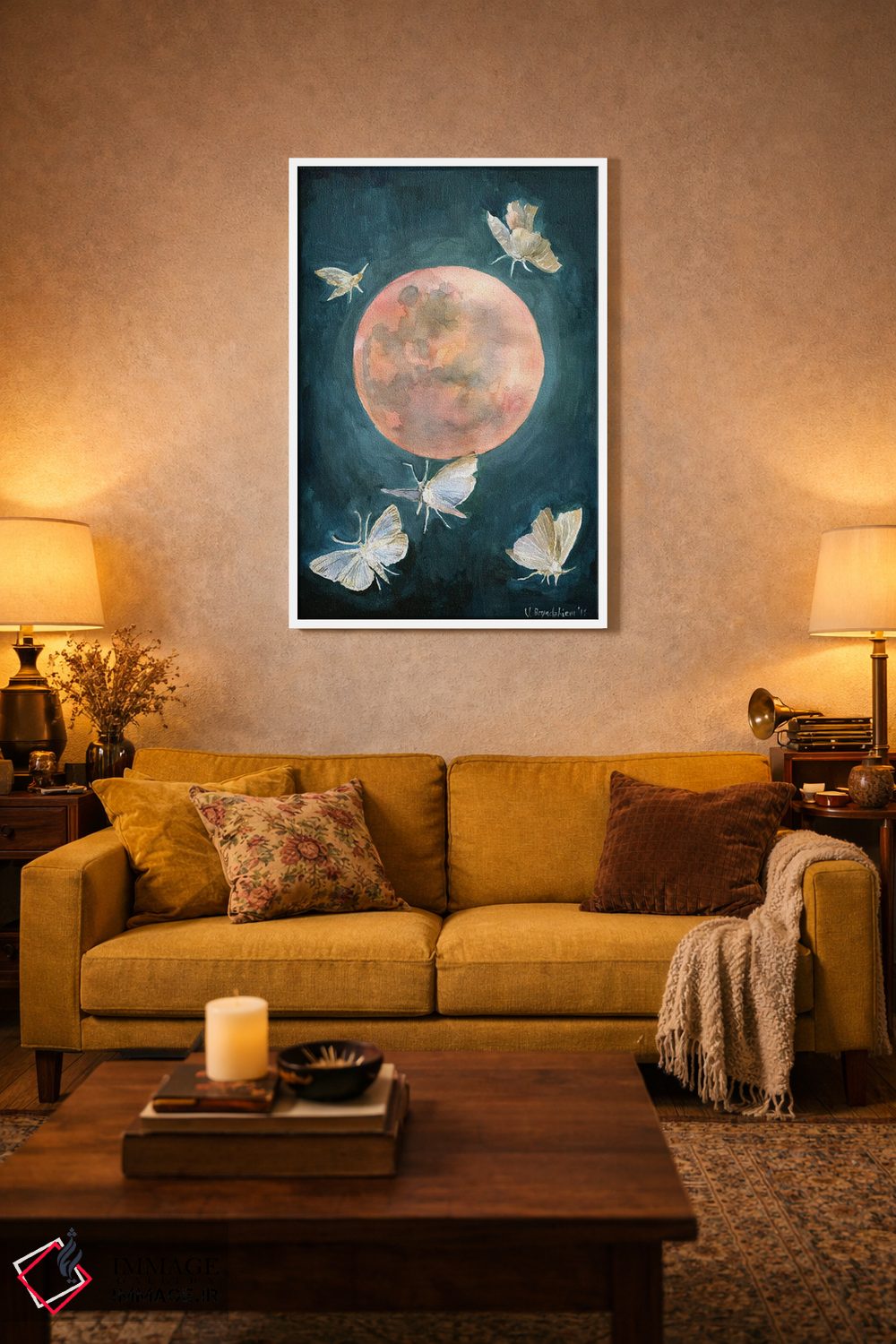 تابلو دکوراتیو Moths And Butterflies, Beautiful Night,طرح ماه سرخ، ش… اثر ویولتا بویادزشیوا - D3W