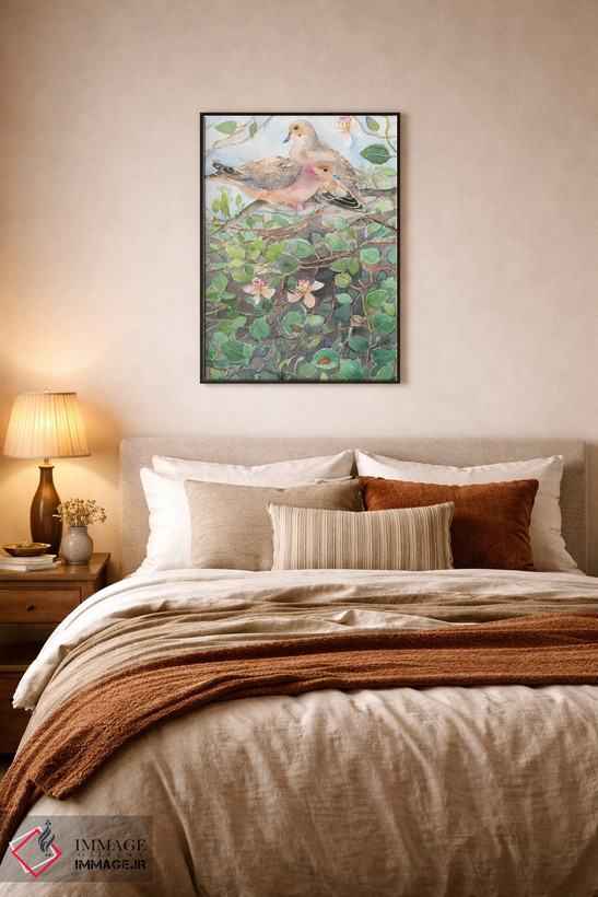 تابلو دکوراتیو Spring Bloom,کبوتران روی شاخه گل، شکوفه های بهاری اثر ویولتا بویادزشیوا - D6B