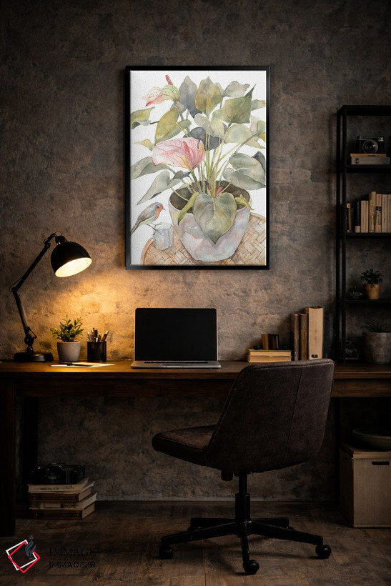 تابلو مدرن Flamingo Lily Plant In A Pot,آنتوریوم و پرنده، گیاه فلامی… اثر ویولتا بویادزشیوا - D6B