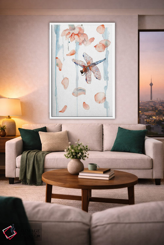 تابلو دکوراتیو Watercolor,تابلوی سنجاقک و گلبرگ صدتومانی، آبرنگ اثر ویولتا بویادزشیوا - D1W