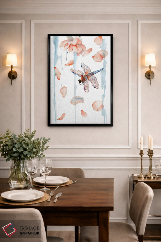تابلو دکوراتیو Watercolor,تابلوی سنجاقک و گلبرگ صدتومانی، آبرنگ اثر ویولتا بویادزشیوا - D2B