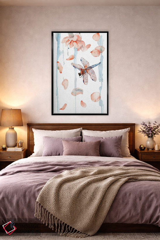 تابلو دکوراتیو Watercolor,تابلوی سنجاقک و گلبرگ صدتومانی، آبرنگ اثر ویولتا بویادزشیوا - D4B