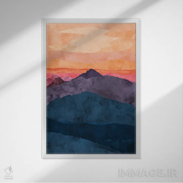 تابلو انتزاعی کوه بنفش و آبی در غروب اثر وان کردی - نمای قابدار سفید