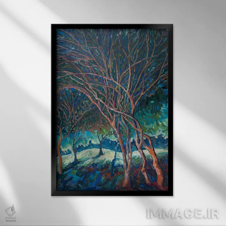 تابلو دکوراتیو رنگ نارنجی روی درختان اثر لیلت واردانیان - نمای قابدار مشکی