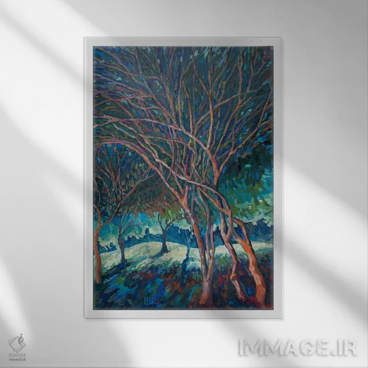 تابلو دکوراتیو رنگ نارنجی روی درختان اثر لیلت واردانیان - نمای قابدار سفید