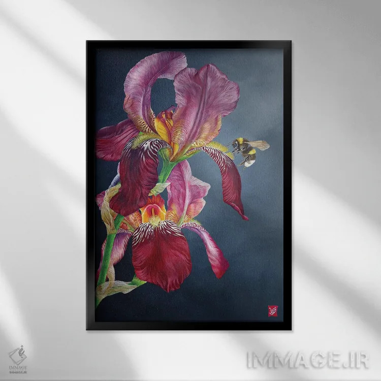 تابلو دکوراتیو زنبور عسل و گل زنبق اثر والری گلسون - نمای قابدار مشکی