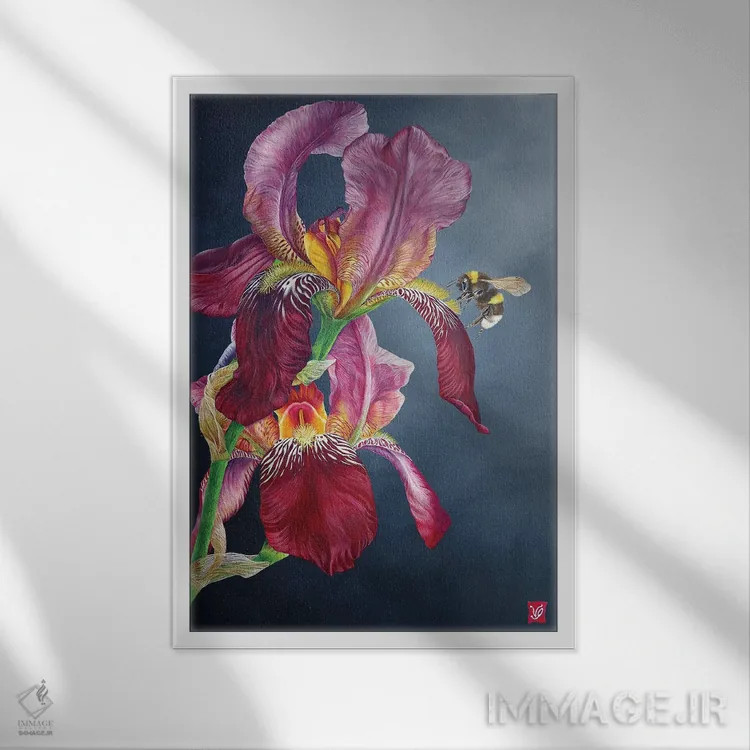 تابلو دکوراتیو زنبور عسل و گل زنبق اثر والری گلسون - نمای قابدار سفید