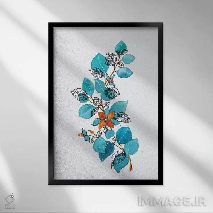 تابلو دکوراتیو برگ ها با آبرنگ و مرکب ۴ اثر ویویانا گونزالس - نمای قابدار مشکی