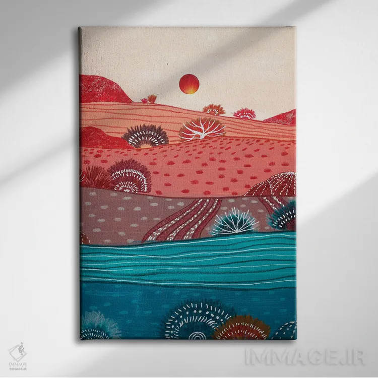 تابلو انتزاعی تپه های بوهو و خورشید قرمز اثر ویویانا گونزالس - نمای روبهرو روی دیوار
