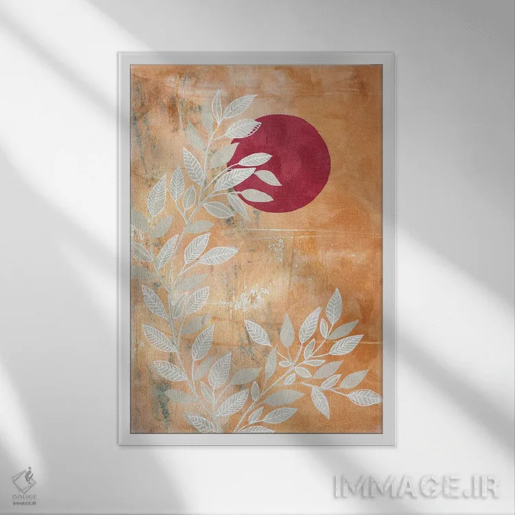 تابلو دکوراتیو خورشید سرخ و برگ ها اثر ویویانا گونزالس - نمای قابدار سفید