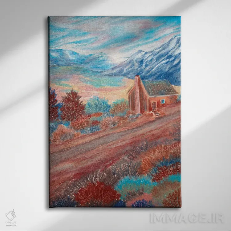 تابلو دکوراتیو کلبه و آسمان آبی اثر ویویانا گونزالس - نمای روبهرو روی دیوار