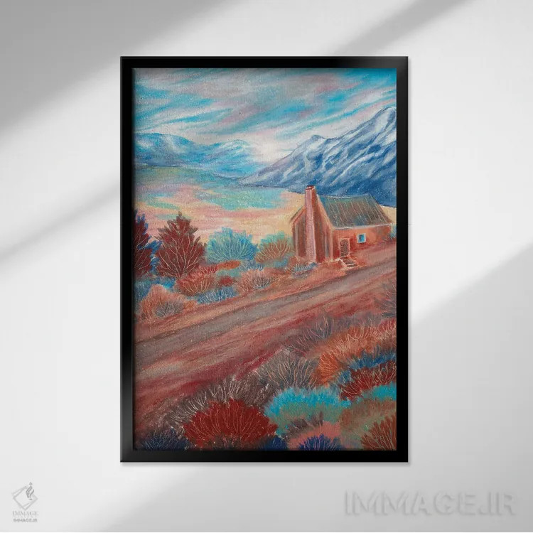 تابلو دکوراتیو کلبه و آسمان آبی اثر ویویانا گونزالس - نمای قابدار مشکی