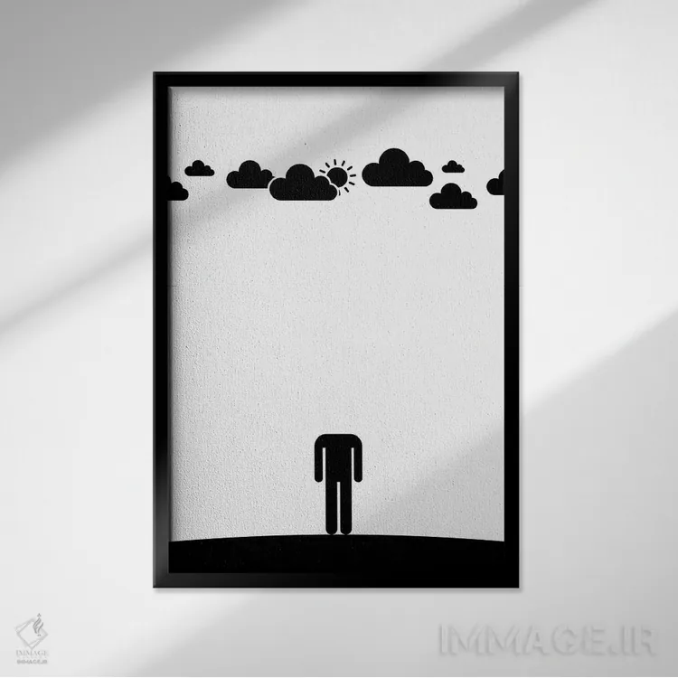 تابلو مینیمال سر در ابرها در سیاه و سفید اثر ویکتور هرتس - نمای قابدار مشکی