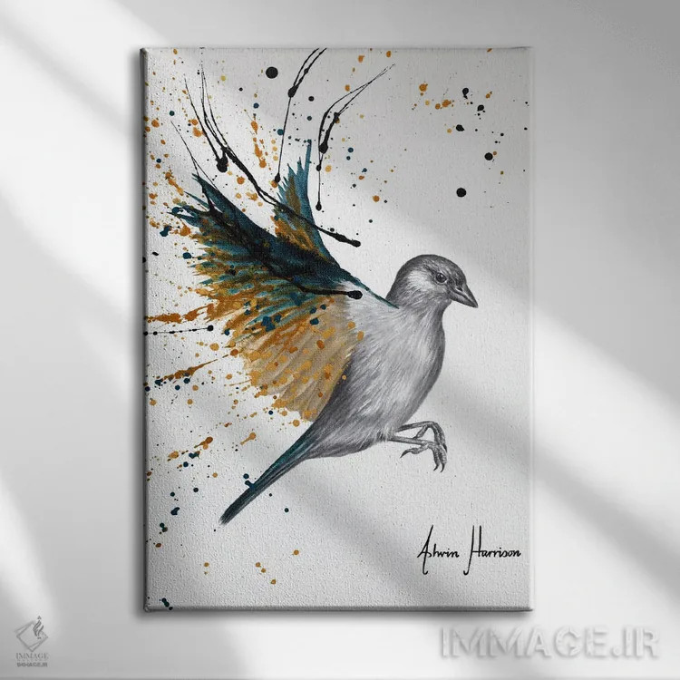 تابلو دکوراتیو پرنده طوفان طلایی اثر اشوین هریسون - نمای روبهرو روی دیوار