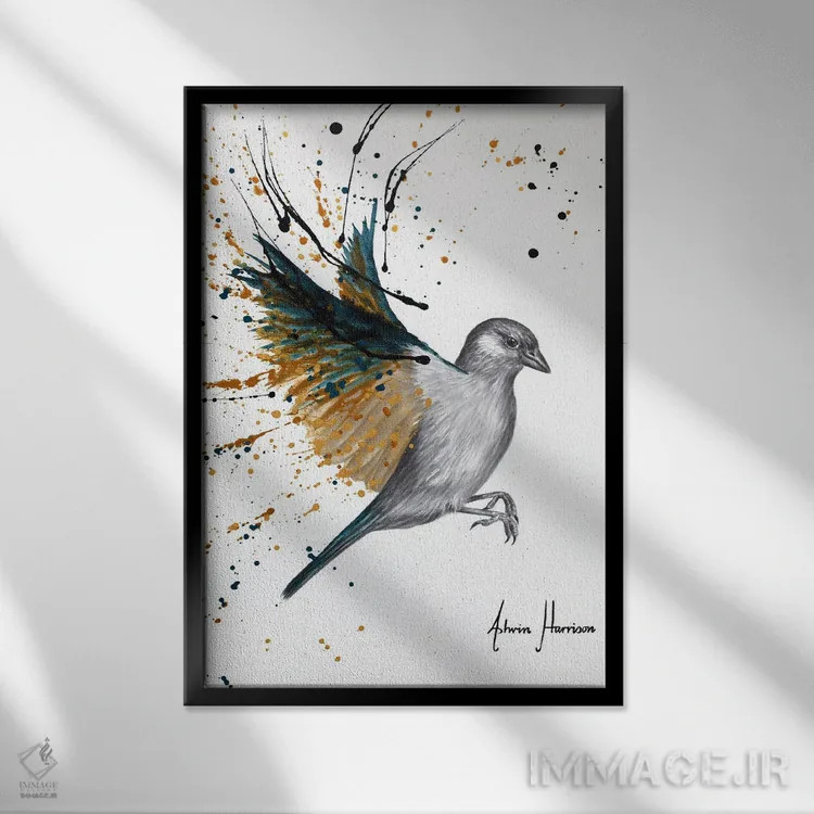 تابلو دکوراتیو پرنده طوفان طلایی اثر اشوین هریسون - نمای قابدار مشکی