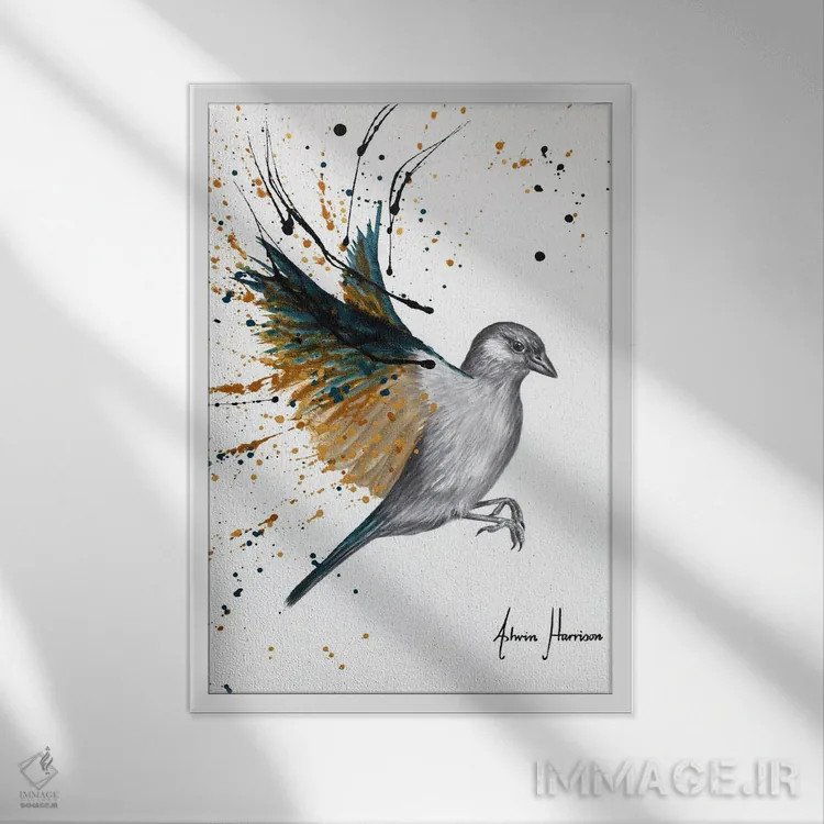 تابلو دکوراتیو پرنده طوفان طلایی اثر اشوین هریسون - نمای قابدار سفید