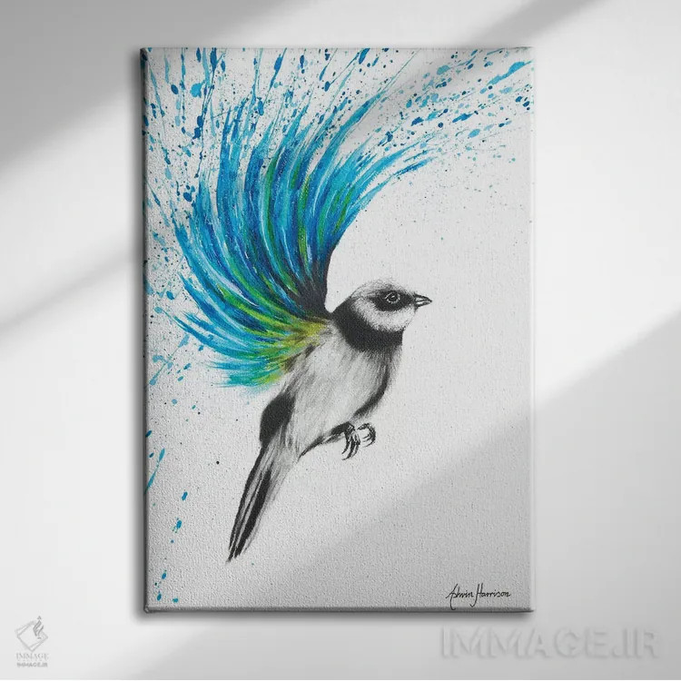 تابلو دکوراتیو فنچ فیروزه ای اثر اشوین هریسون - نمای روبهرو روی دیوار