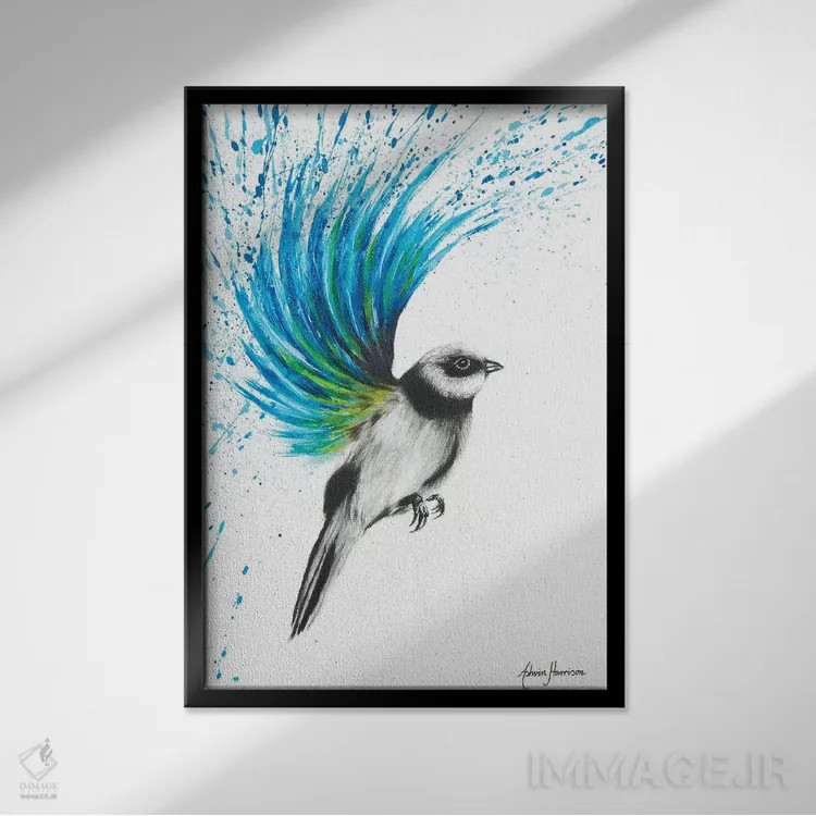 تابلو دکوراتیو فنچ فیروزه ای اثر اشوین هریسون - نمای قابدار مشکی