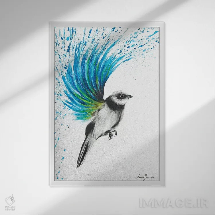تابلو دکوراتیو فنچ فیروزه ای اثر اشوین هریسون - نمای قابدار سفید