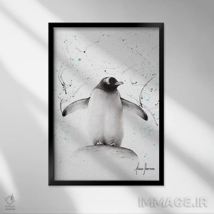تابلو دکوراتیو رژه پنگوئن ها اثر اشوین هریسون - نمای قابدار مشکی