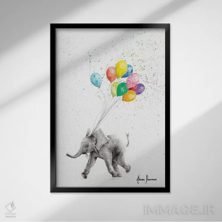 تابلو دکوراتیو فیل و بادکنک ها اثر اشوین هریسون - نمای قابدار مشکی