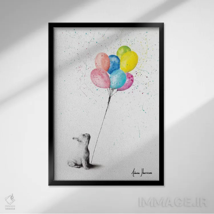 تابلو دکوراتیو بولداگ فرانسوی و بادکنک ها اثر اشوین هریسون - نمای قابدار مشکی