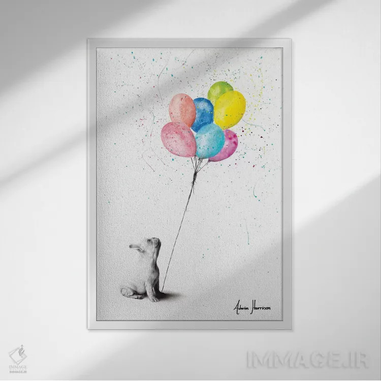 تابلو دکوراتیو بولداگ فرانسوی و بادکنک ها اثر اشوین هریسون - نمای قابدار سفید