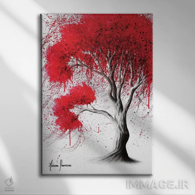 تابلو دکوراتیو درخت پاییزی زرشکی اثر اشوین هریسون - نمای روبهرو روی دیوار