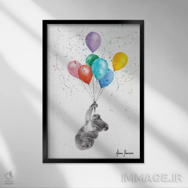 تابلو دکوراتیو کوآلا و بادکنک ها اثر اشوین هریسون - نمای قابدار مشکی