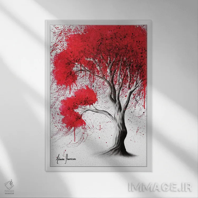 تابلو دکوراتیو درخت پاییزی زرشکی اثر اشوین هریسون - نمای قابدار سفید