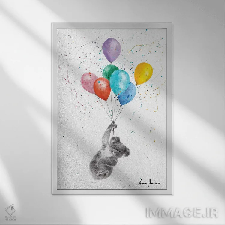 تابلو دکوراتیو کوآلا و بادکنک ها اثر اشوین هریسون - نمای قابدار سفید