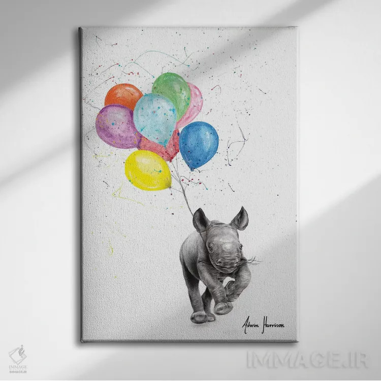 تابلو دکوراتیو کرگدن و بادکنک ها اثر اشوین هریسون - نمای روبهرو روی دیوار