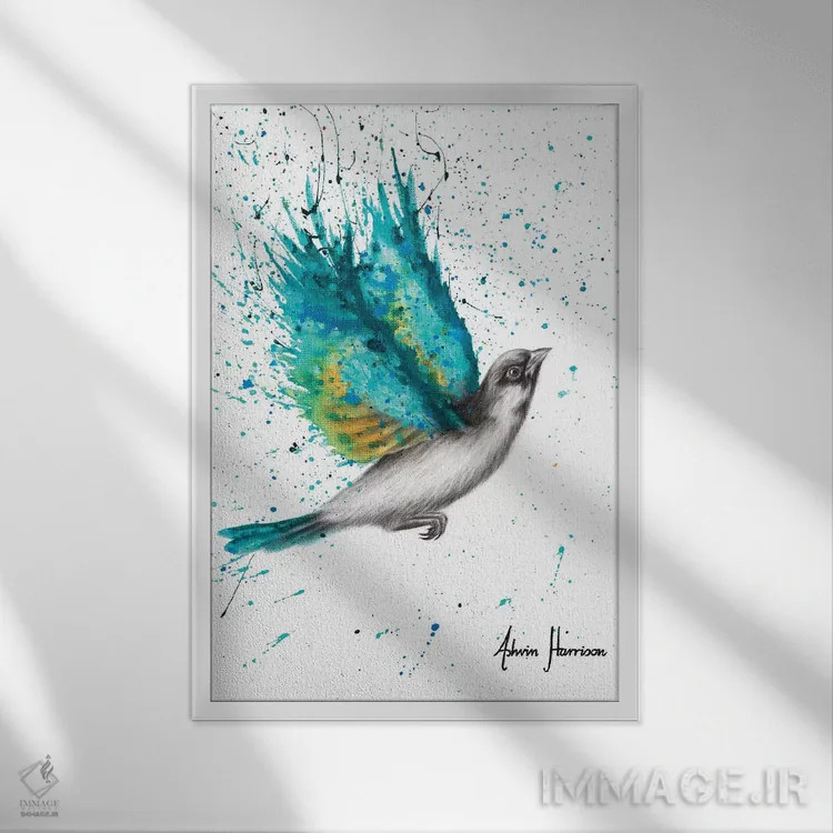 تابلو دکوراتیو شادی فیروزه ای اثر اشوین هریسون - نمای قابدار سفید