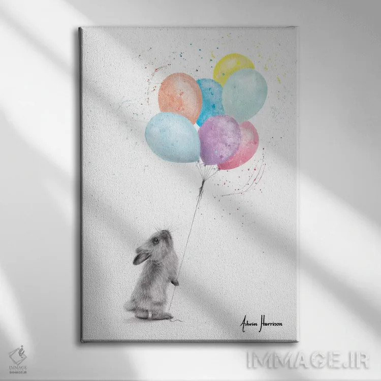 تابلو دکوراتیو خرگوش و بادکنک ها اثر اشوین هریسون - نمای روبهرو روی دیوار