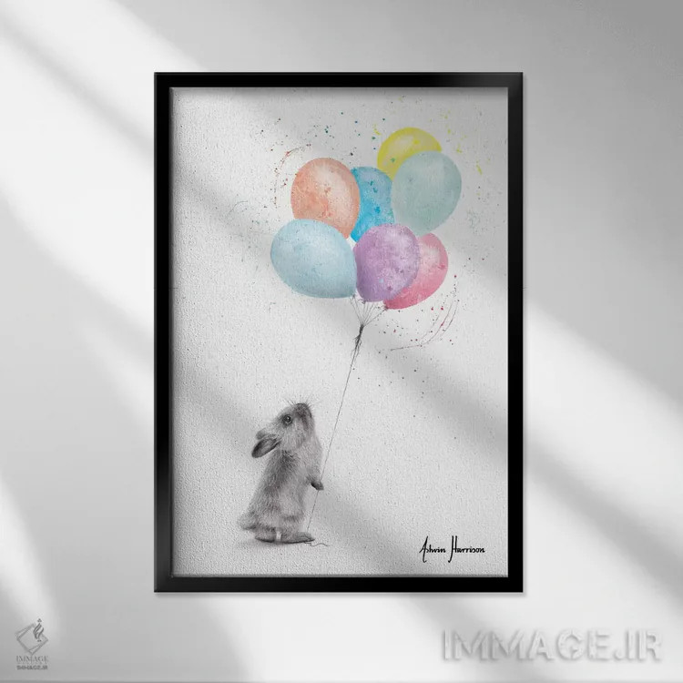 تابلو دکوراتیو خرگوش و بادکنک ها اثر اشوین هریسون - نمای قابدار مشکی