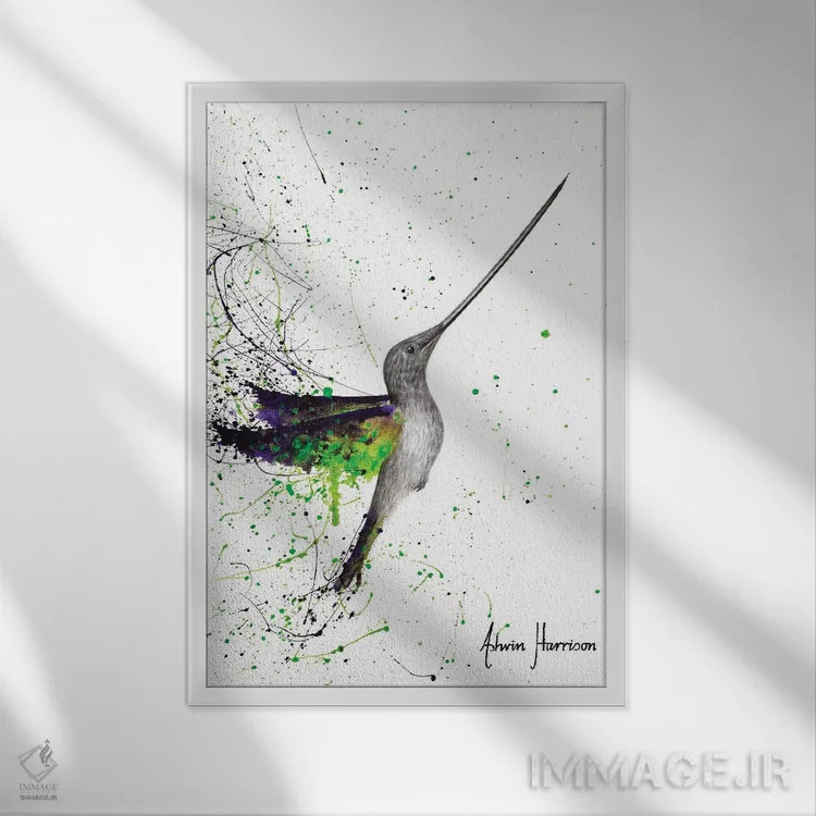 تابلو دکوراتیو مرغ مگس خوشحال در باغ اثر اشوین هریسون - نمای قابدار سفید