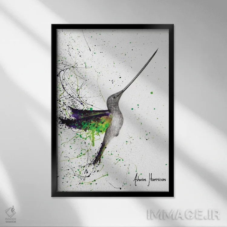 تابلو دکوراتیو مرغ مگس خوشحال در باغ اثر اشوین هریسون - نمای قابدار مشکی