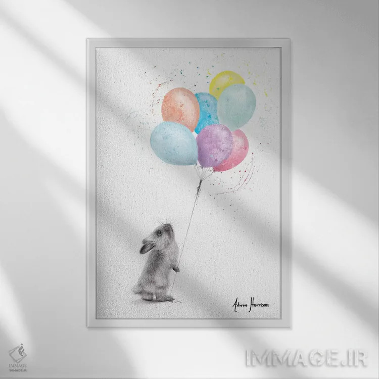 تابلو دکوراتیو خرگوش و بادکنک ها اثر اشوین هریسون - نمای قابدار سفید