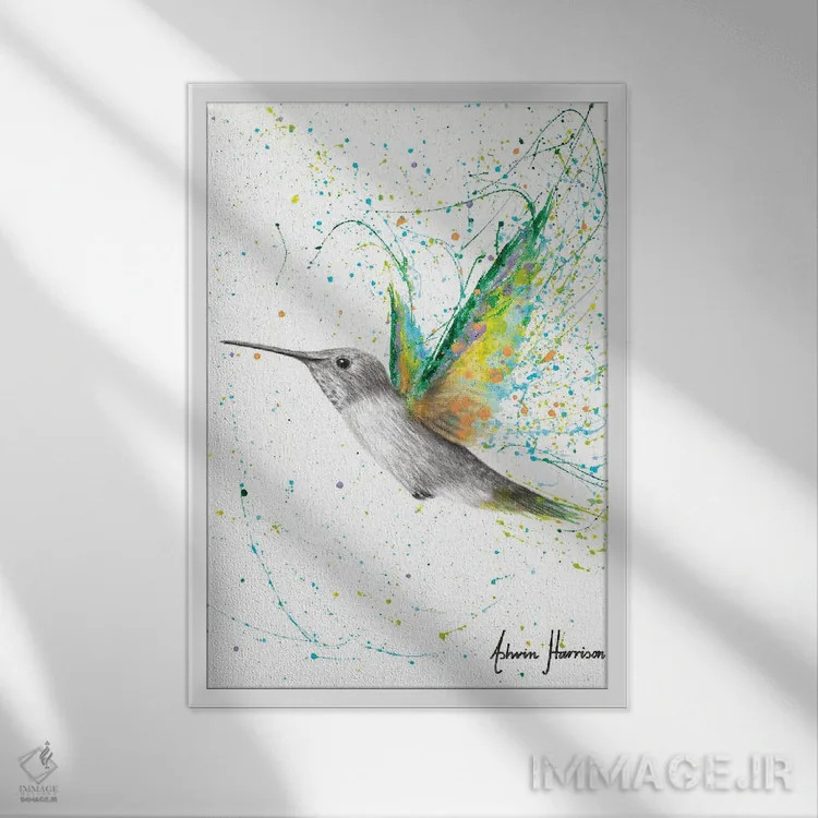 تابلو دکوراتیو مرغ مگس تابستان هلو اثر اشوین هریسون - نمای قابدار سفید