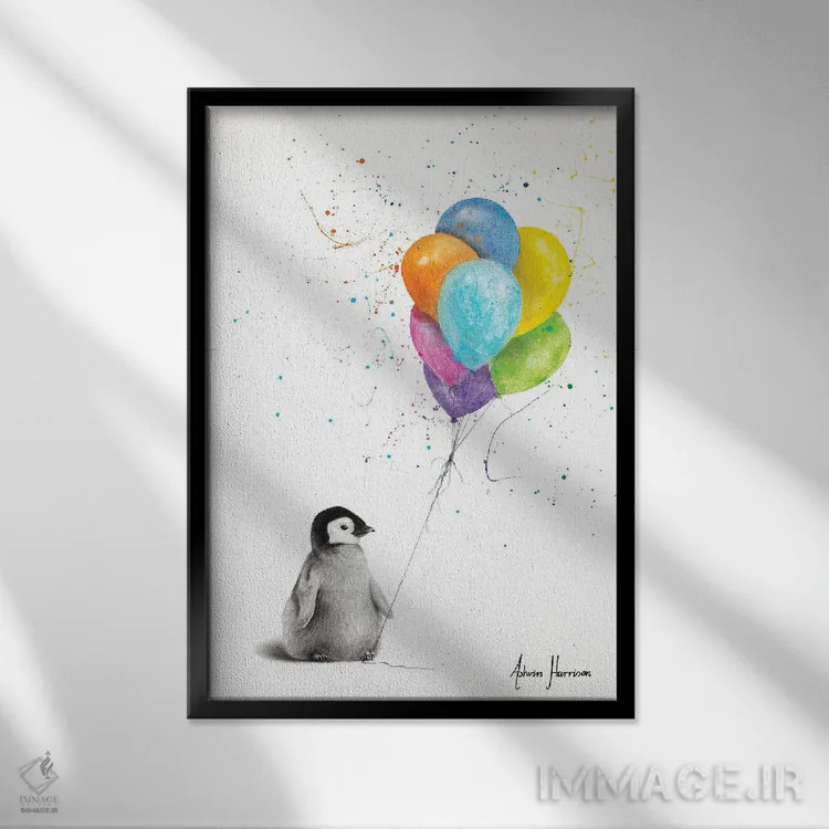 تابلو دکوراتیو پنگوئن مثبت اندیش اثر اشوین هریسون - نمای قابدار مشکی