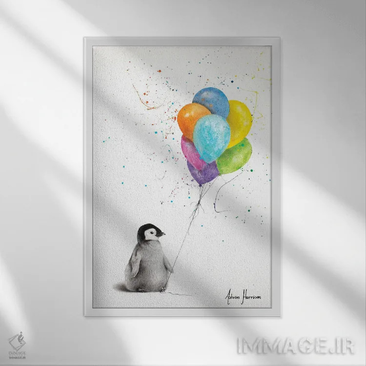 تابلو دکوراتیو پنگوئن مثبت اندیش اثر اشوین هریسون - نمای قابدار سفید