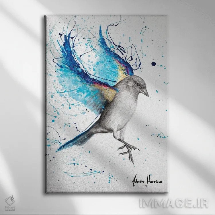 تابلو دکوراتیو پرنده آبی درخشان اثر اشوین هریسون - نمای روبهرو روی دیوار