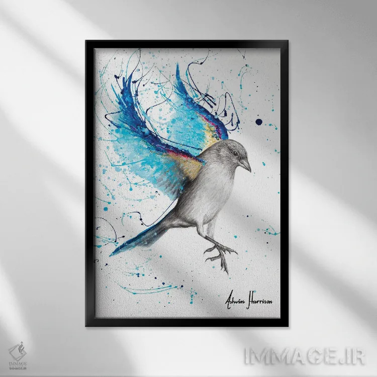 تابلو دکوراتیو پرنده آبی درخشان اثر اشوین هریسون - نمای قابدار مشکی